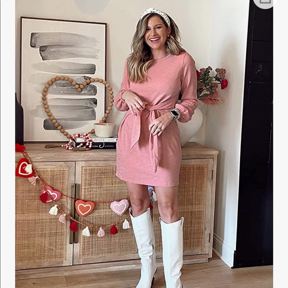 NWT Pretty Garden Pink Long Sleeve Tie Waist Knit Short Dress in a size Small
